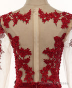 Burgundy Round Neck Lace Satin Mermaid Long Prom Dress Lace Formal Dress