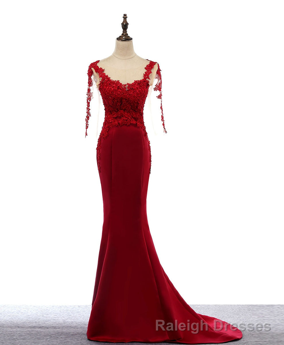 Burgundy Round Neck Lace Satin Mermaid Long Prom Dress Lace Formal Dress Main image