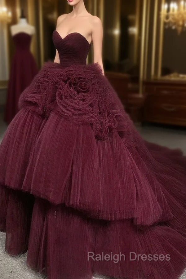 Burgundy Round Neck Tulle Burgundy Long Prom Gown, Burgundy Long Evening Dress Main image