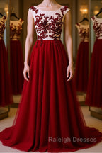 Burgundy round neck tulle lace long prom Dresses bridesmaid Dresses
