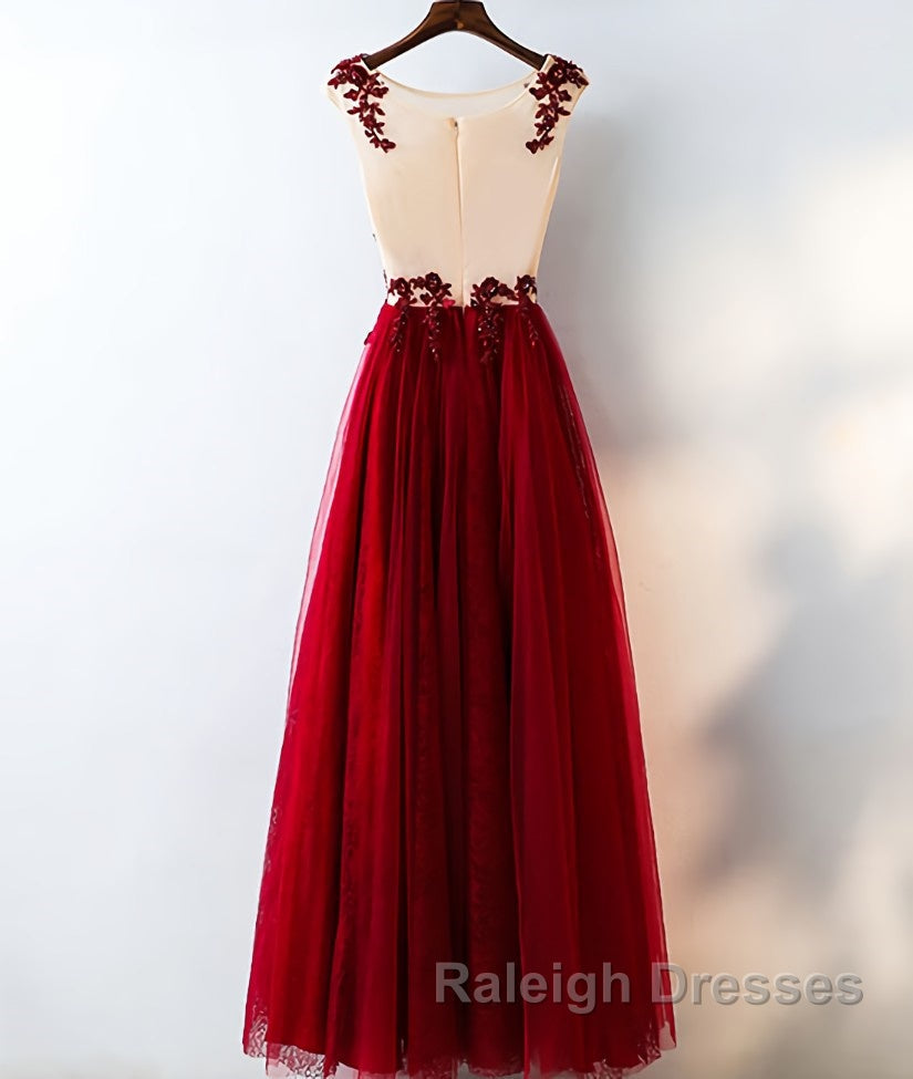 Burgundy round neck tulle lace long prom Dresses bridesmaid Dresses Secondary image