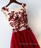 Burgundy round neck tulle lace long prom dress, bridesmaid dress