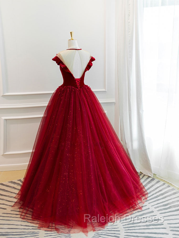 Burgundy Round Neck Tulle Lace Long Prom Dress, Burgundy Evening Dress Secondary image