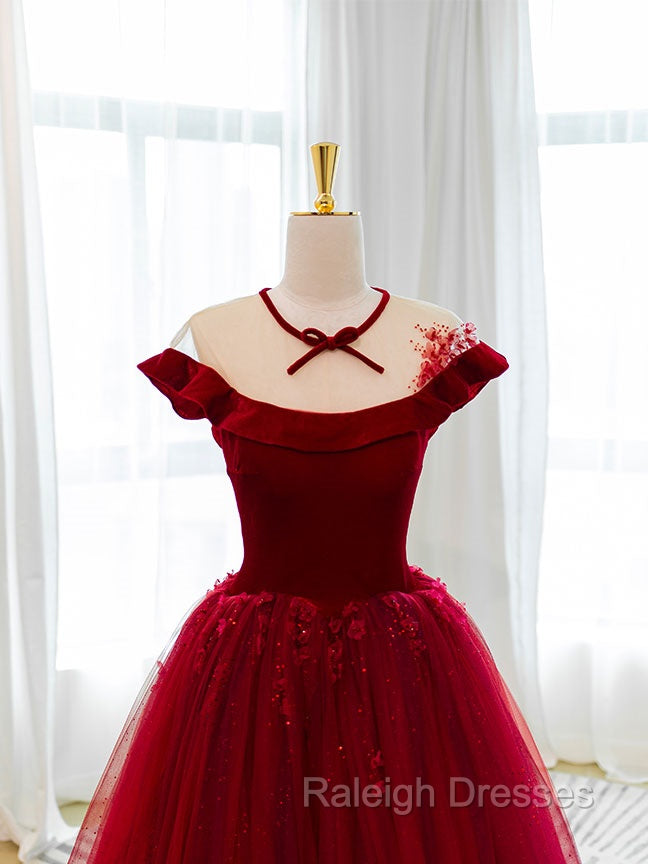 Burgundy Round Neck Tulle Lace Long Prom Dresses Burgundy Prom Dresses