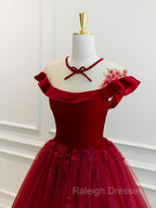 Burgundy Round Neck Tulle Lace Long Prom Dress, Burgundy Evening Dress