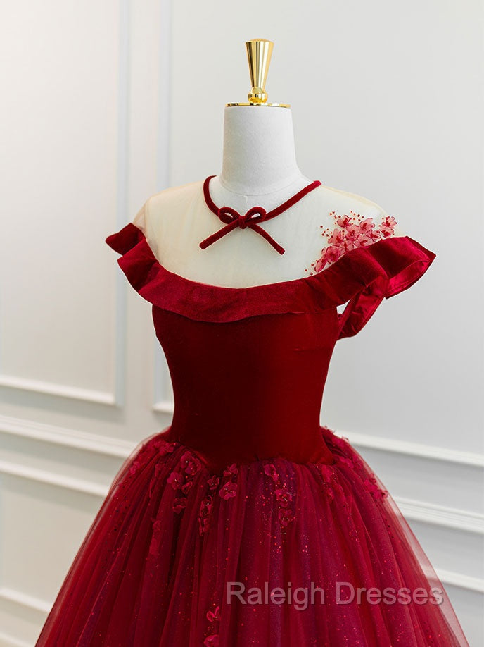 Burgundy Round Neck Tulle Lace Long Prom Dress, Burgundy Evening Dress