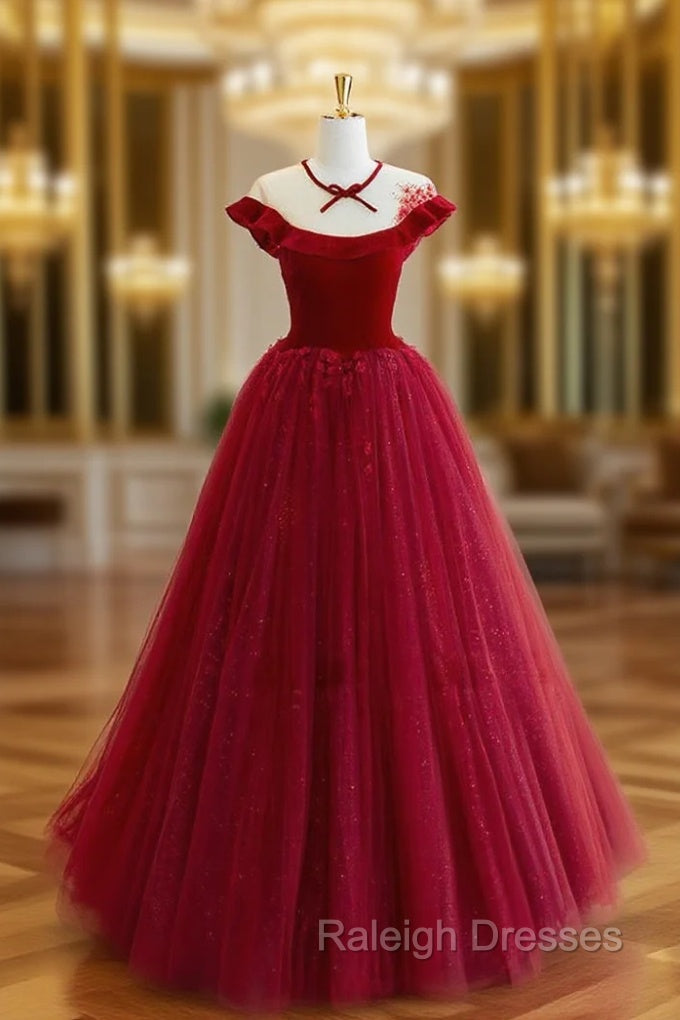 Burgundy Round Neck Tulle Lace Long Prom Dress, Burgundy Evening Dress Main image