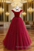 Burgundy Round Neck Tulle Lace Long Prom Dress, Burgundy Evening Dress