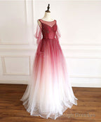 Burgundy Round Neck Tulle Long Prom Dress Burgundy Prom Dress