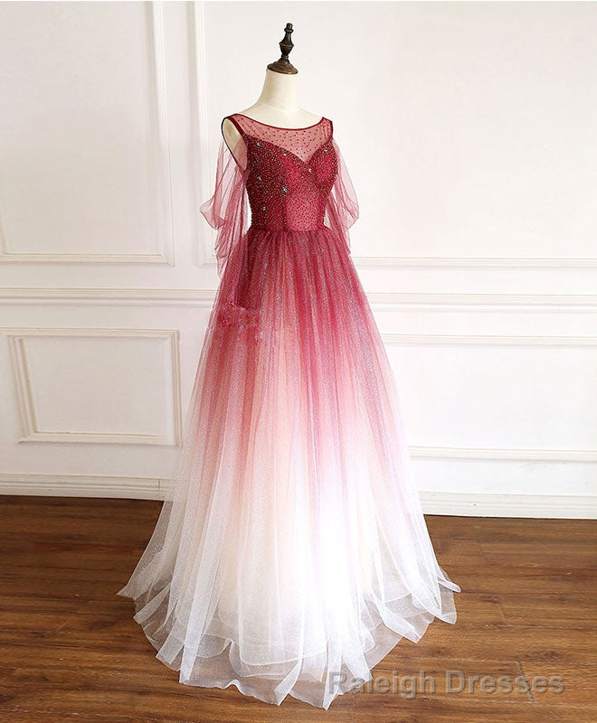 Burgundy Round Neck Tulle Long Prom Dress Burgundy Evening Dress Main image