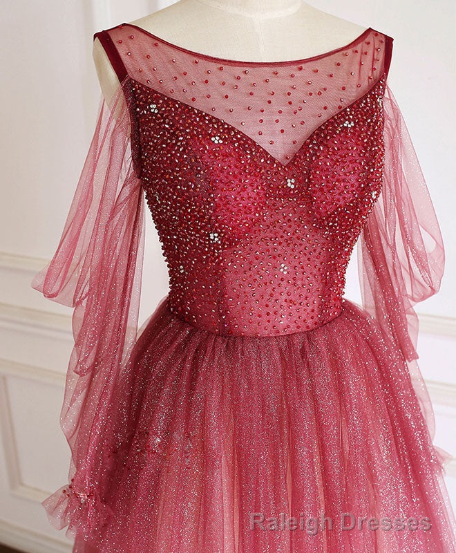 Burgundy Round Neck Tulle Long Prom Dress Burgundy Prom Dress