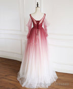 Burgundy Round Neck Tulle Long Prom Dress Burgundy Prom Dress