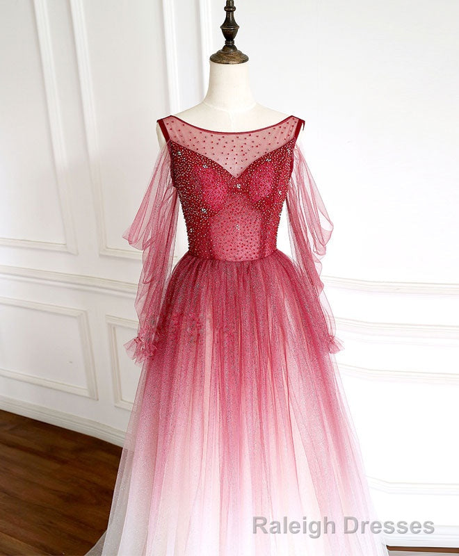 Burgundy Round Neck Tulle Long Prom Dress Burgundy Prom Dress