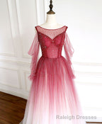 Burgundy Round Neck Tulle Long Prom Dress Burgundy Evening Dress