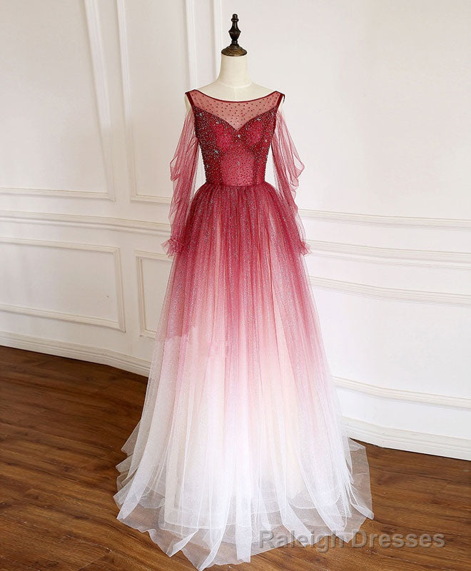 Burgundy Round Neck Tulle Long Prom Dress Burgundy Prom Dress