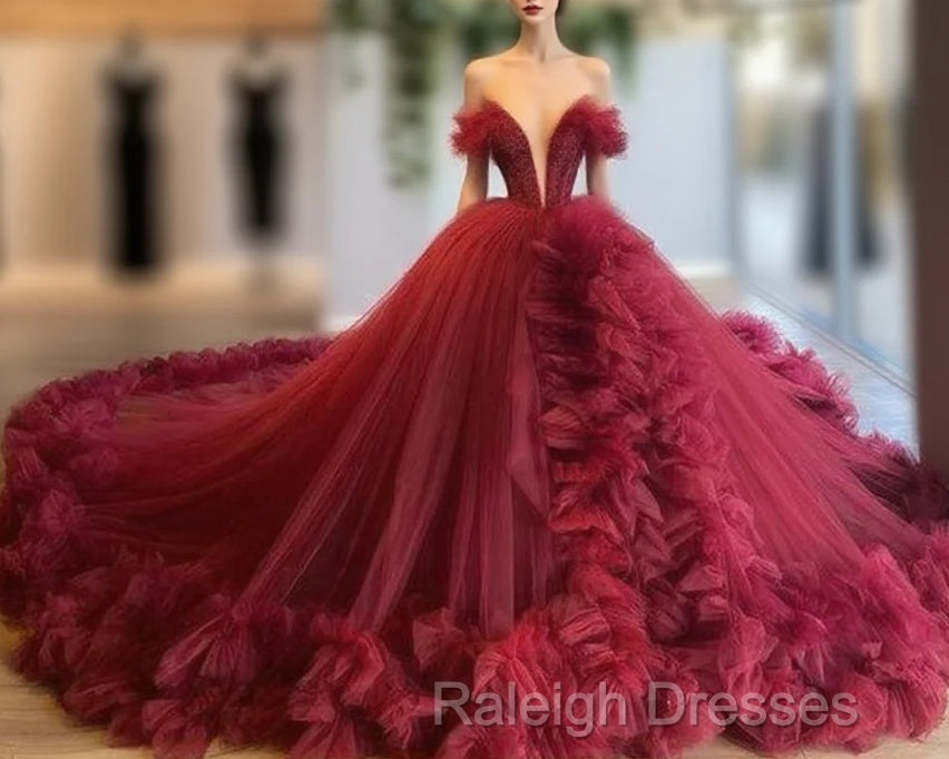 Burgundy Ruffles Wedding Dress Tulle Skirt Ball Gown Plunge V-Neck Bridal Wedding Prom Gowns