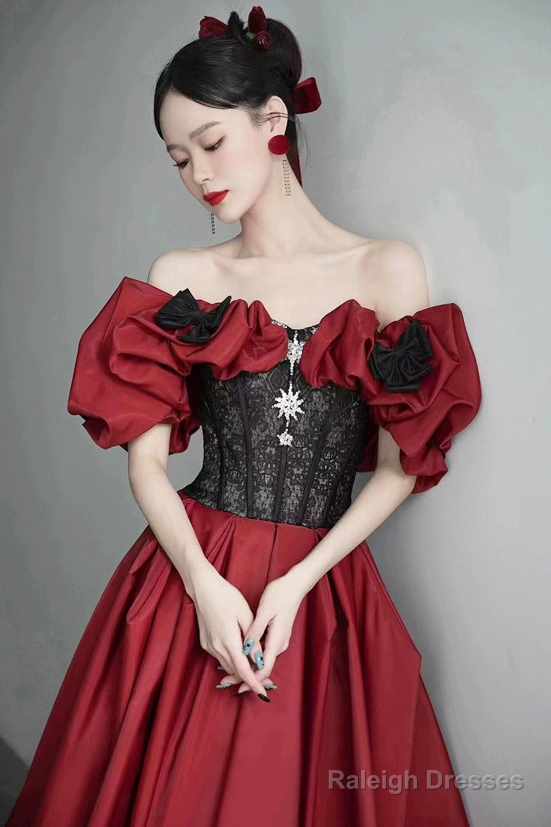 Burgundy Satin And Black Lace Floor Length Prom Dresses Off The Shoulder Prom Dresses Secondary image