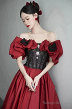Burgundy Satin And Black Lace Floor Length Prom Dresses Off The Shoulder Prom Dresses