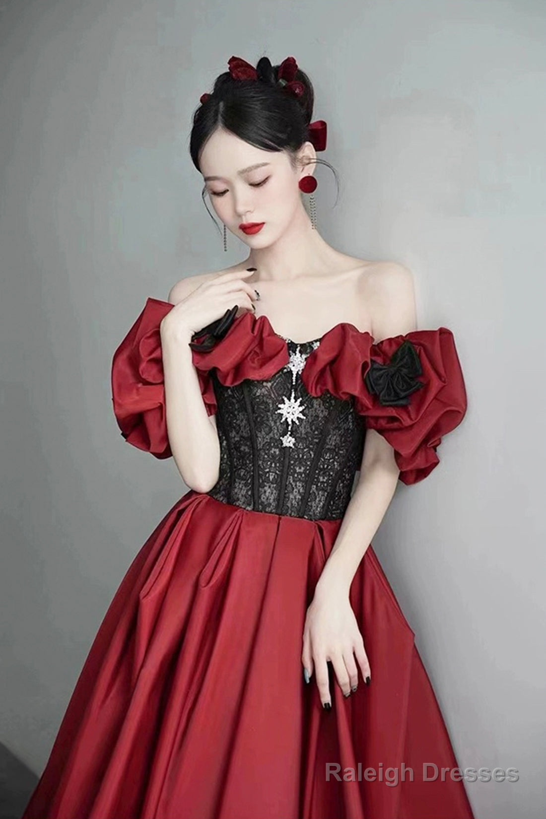 Burgundy Satin And Black Lace Floor Length Prom Dresses Off The Shoulder Prom Dresses