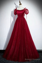 Burgundy Satin And Shiny Tulle Floor Length Prom Dress, A-Line Formal Evening Dress