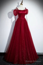 Burgundy Satin And Shiny Tulle Floor Length Prom Dress, A-Line Formal Evening Dress