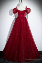 Burgundy Satin And Shiny Tulle Floor Length Prom Dress, A-Line Formal Evening Dress
