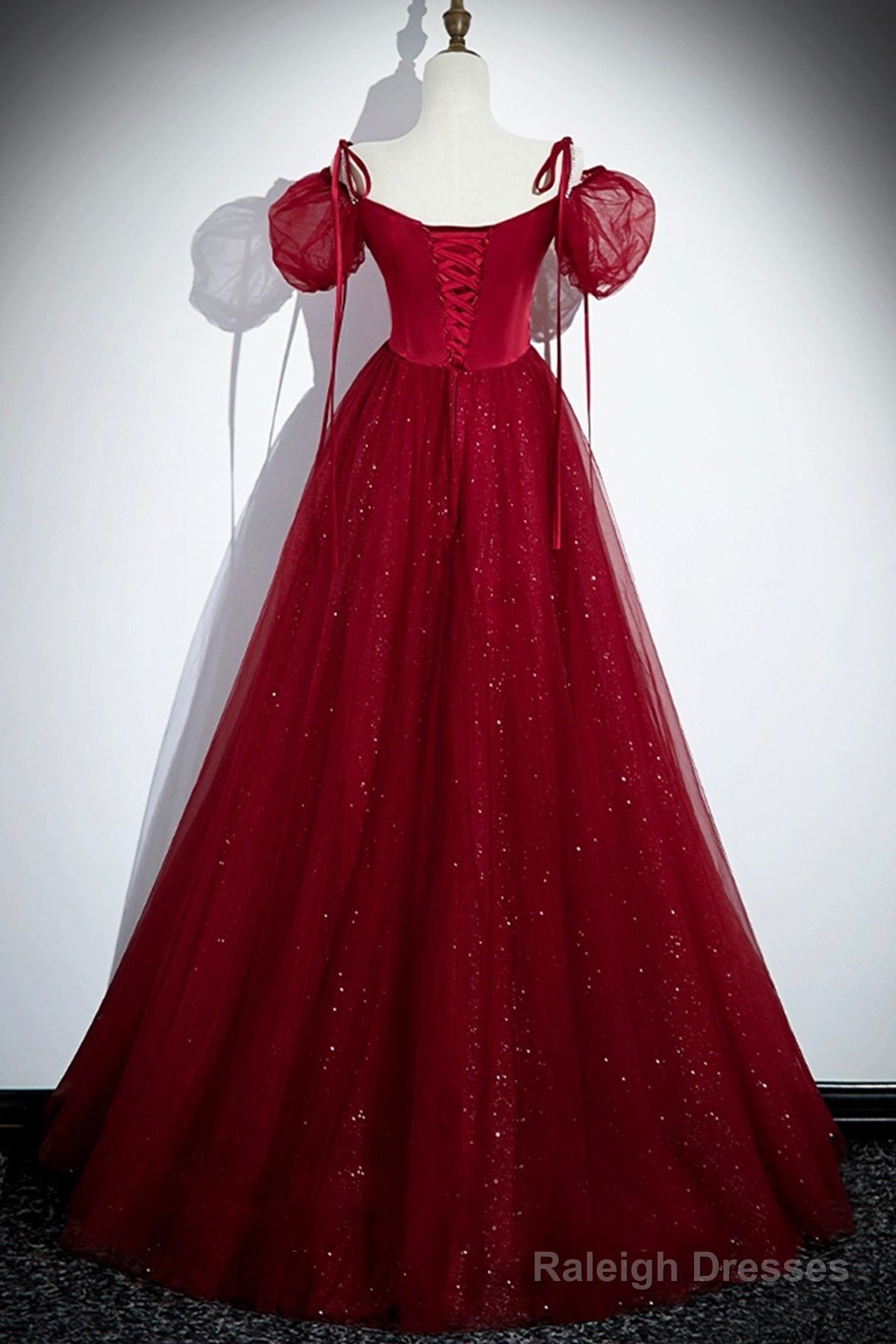 Burgundy Satin And Shiny Tulle Floor Length Prom Dress, A-Line Formal Evening Dress