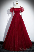 Burgundy Satin And Shiny Tulle Floor Length Prom Dress, A-Line Formal Evening Dress