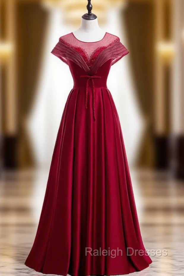 Burgundy Satin Backless Cap Sleeve Beading Pleats Prom Dress Main image