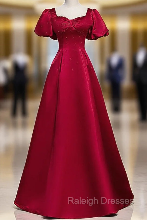 Burgundy Satin Backless Puff Sleeve Beading Prom Dress
