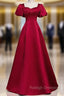 Burgundy Satin Backless Puff Sleeve Beading Prom Dress