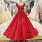 Burgundy Satin Ball Gown Dress Lace Embroidery For Wedding Prom