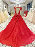 Burgundy Satin Ball Gown Dress Lace Embroidery For Wedding Prom