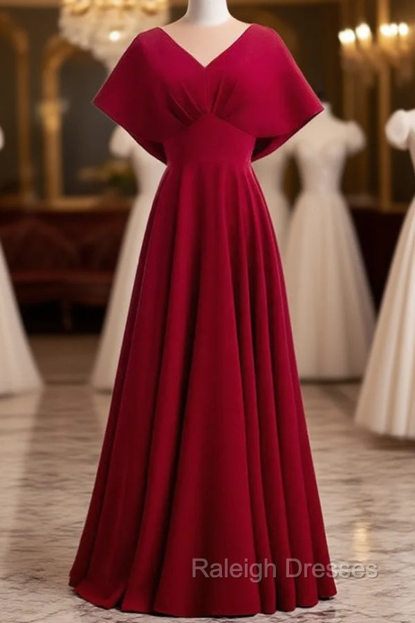 Burgundy Satin Bat Sleeve V-neck Prom Dress Main image