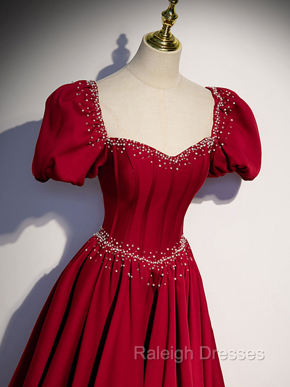 Burgundy Satin Beads Long Prom Dresses, Burgundy Long Formal Dresses Secondary image