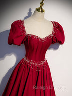 Burgundy Satin Beads Long Prom Dresses, Burgundy Long Formal Dresses