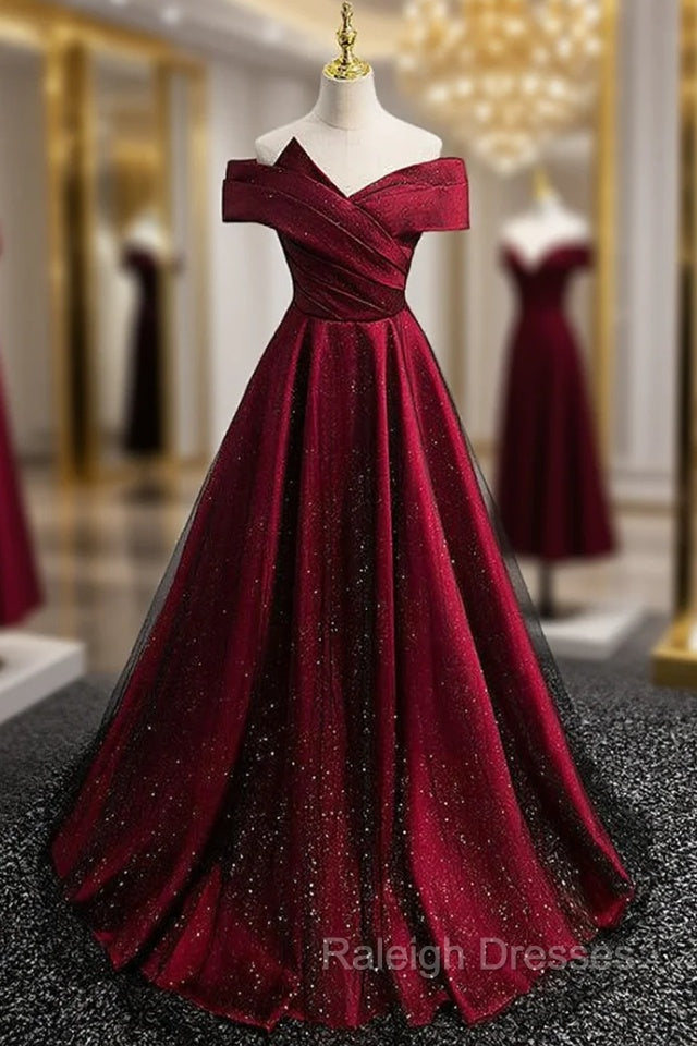 Burgundy Satin Black Tulle Off the Shoulder Pleats Prom Dress Main image