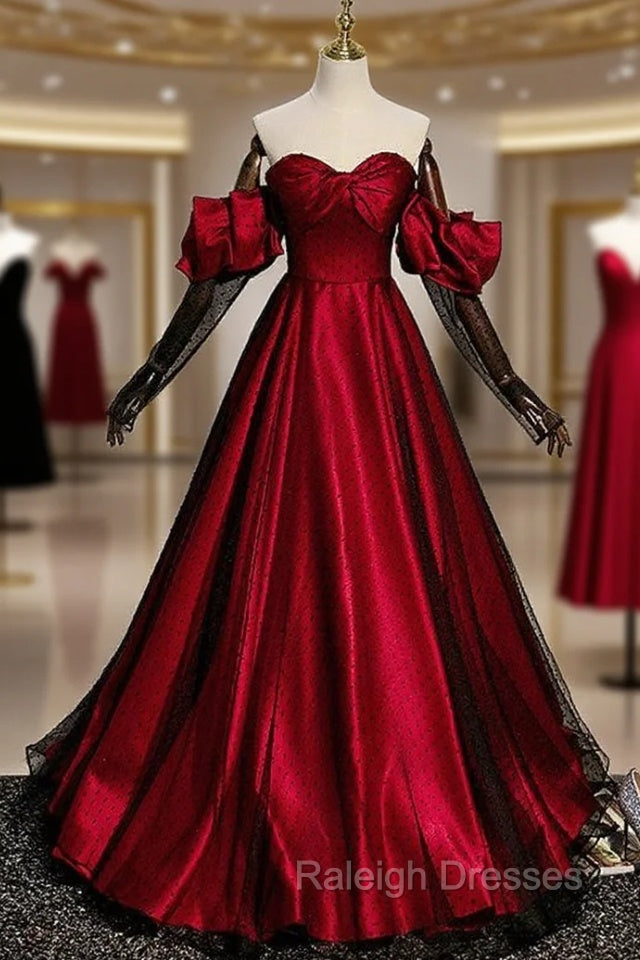 Burgundy Satin Black Tulle Sweetheart Prom Dress