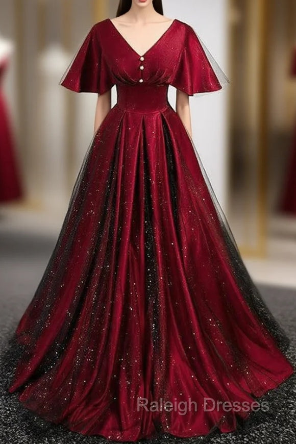 Burgundy Satin Black Tulle V-neck Prom Dress Main image