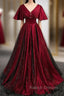 Burgundy Satin Black Tulle V-neck Prom Dress