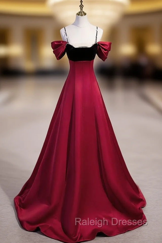 Burgundy Satin Black Velvet Spaghetti Straps Beading Prom Dress