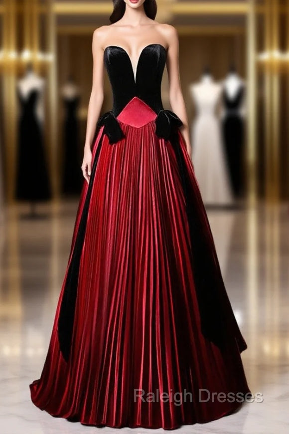 Burgundy Satin Black Velvet Strapless Prom Dress