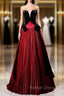 Burgundy Satin Black Velvet Strapless Prom Dress