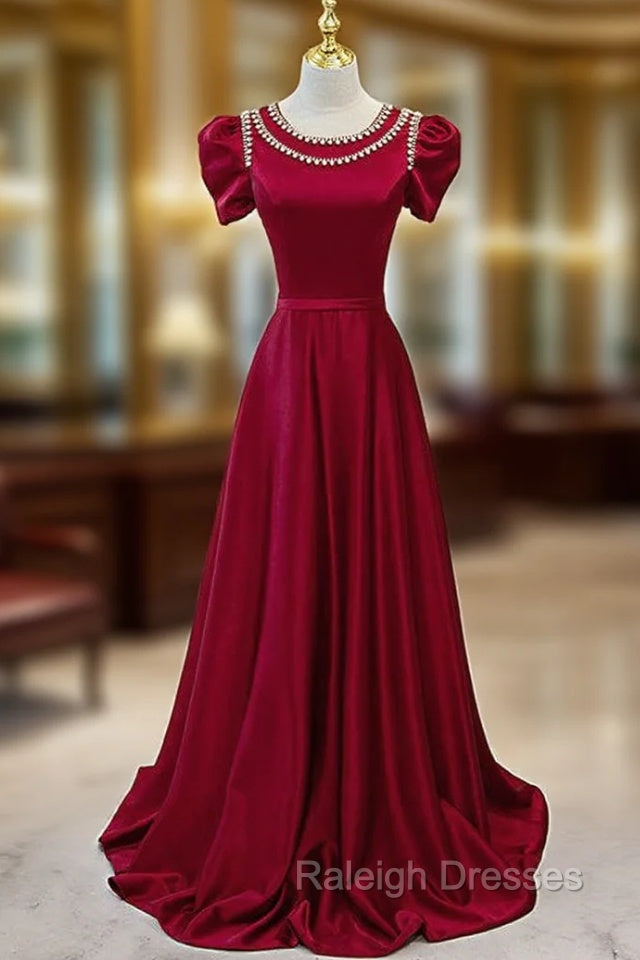 Burgundy Satin Cap Sleeve Beading Pearls Prom Dress