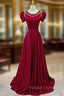 Burgundy Satin Cap Sleeve Beading Pearls Prom Dress
