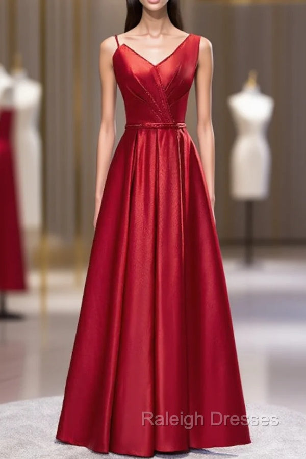 Burgundy Satin Dissymmetry Neck Beading Prom Dress Main image