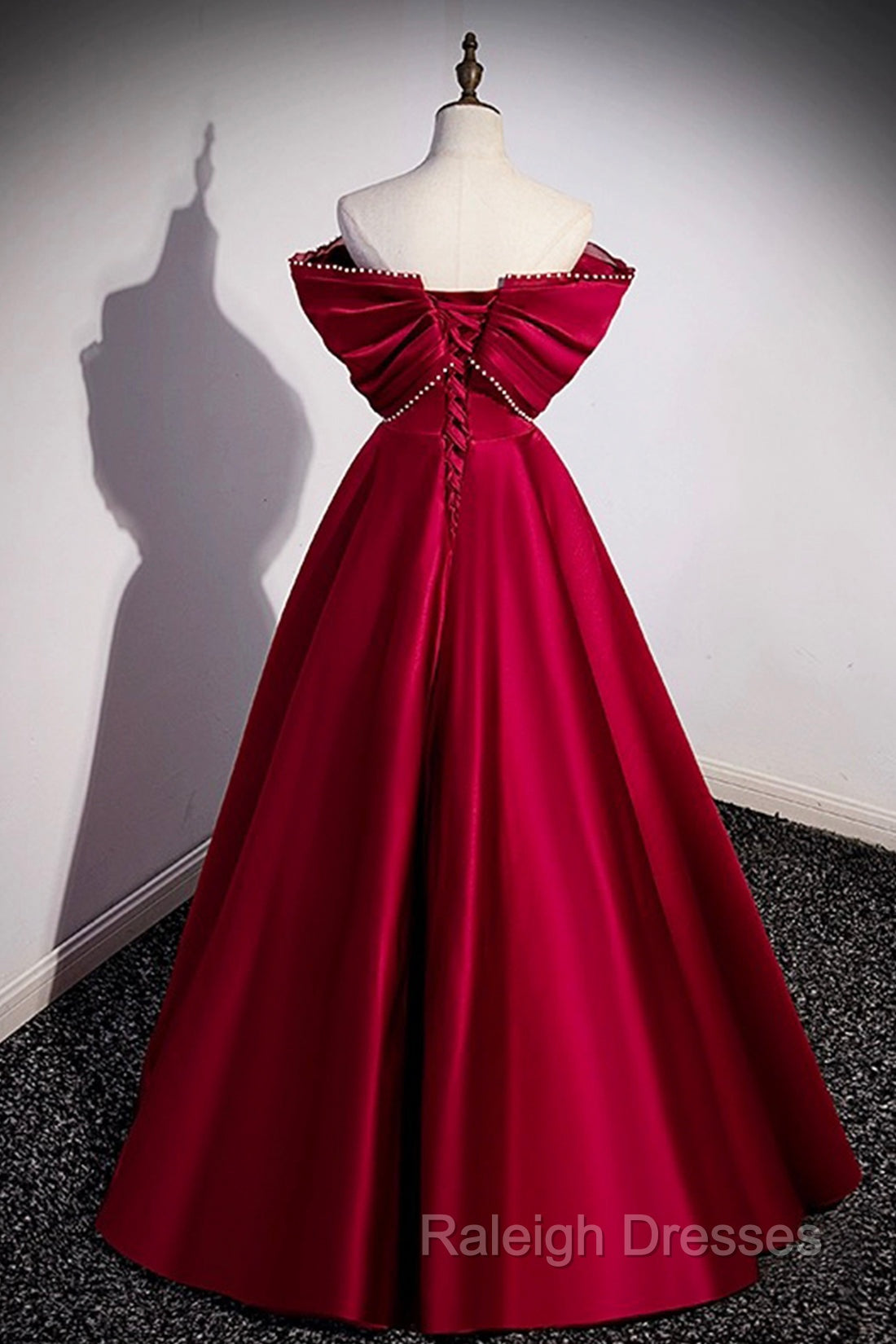Burgundy Satin Floor Length Prom Dress, A-Line Off the Shoulder Evening Party Dress
