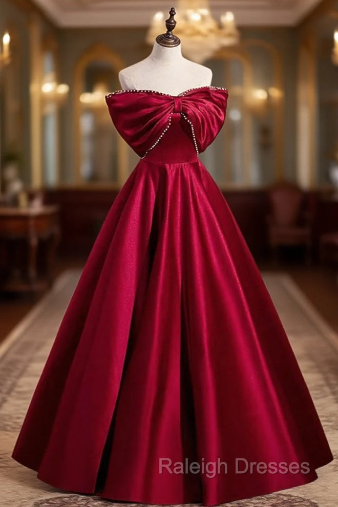 Burgundy Satin Floor Length Prom Dress, A-Line Off the Shoulder Evening Party Dress Main image