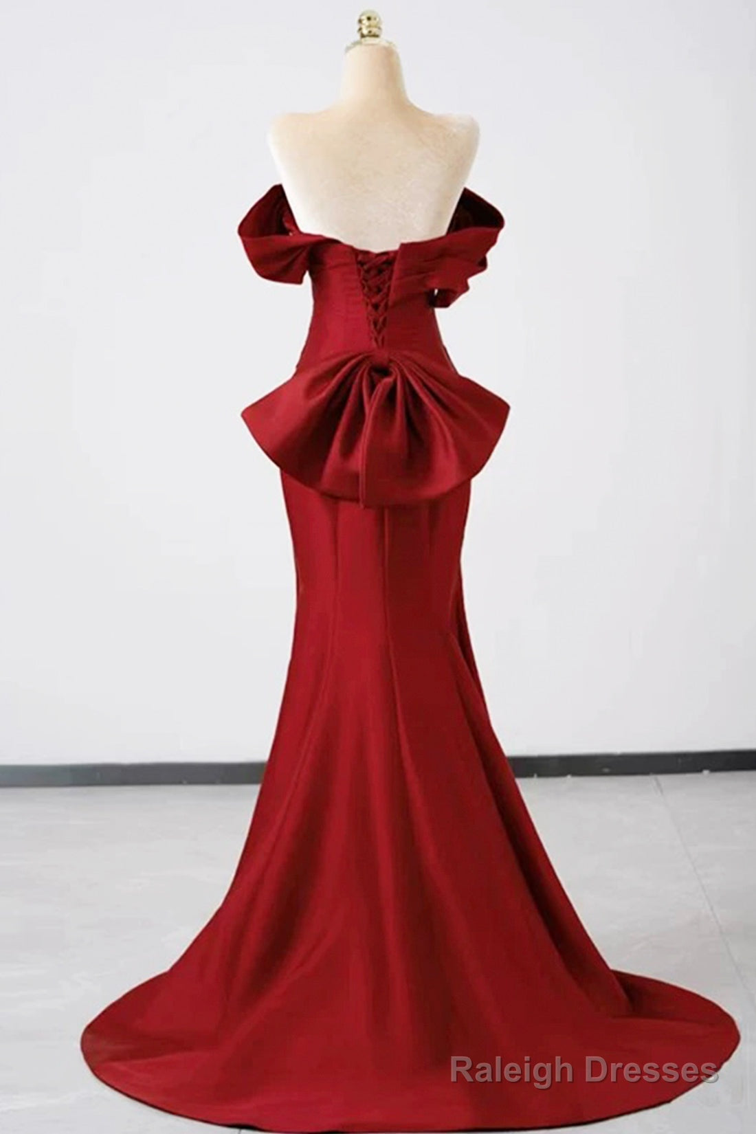 Burgundy Satin Floor Length Prom Dresses Mermaid Off The Shoulder Prom Dresses