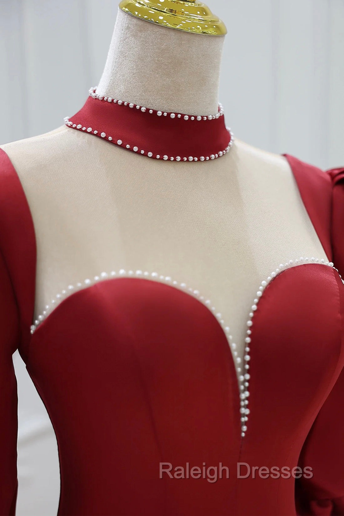 Burgundy Satin High Neck Long Prom Dress, Burgundy A Line Prom Prom Dress Secondary image